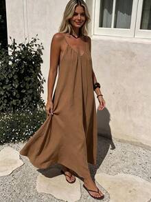 Spring/Summer V-Neck Backless Dress, Bohemian Style, Suitable For Beach, Wedding, Daily Wear Elegant - Coffee Brown - View 2