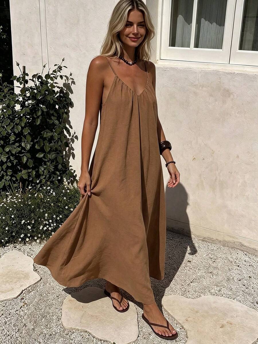 Spring/Summer V-Neck Backless Dress, Bohemian Style, Suitable For Beach, Wedding, Daily Wear Elegant