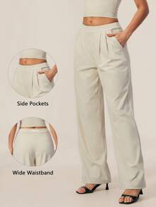 TimeOff Women's 1pc Solid Color Autumn/Winter Pleated Front Side Pocket Straight Wide Leg Pants - Apricot - View 1