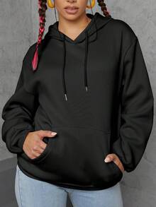 Women's Solid Color Fleece Hooded Sweatshirt With Adjustable Drawstring, Long Sleeve With Pockets, Warm Hooded Long Sleeve Top, Suitable For Autumn And Winter Wear - Black - View 1