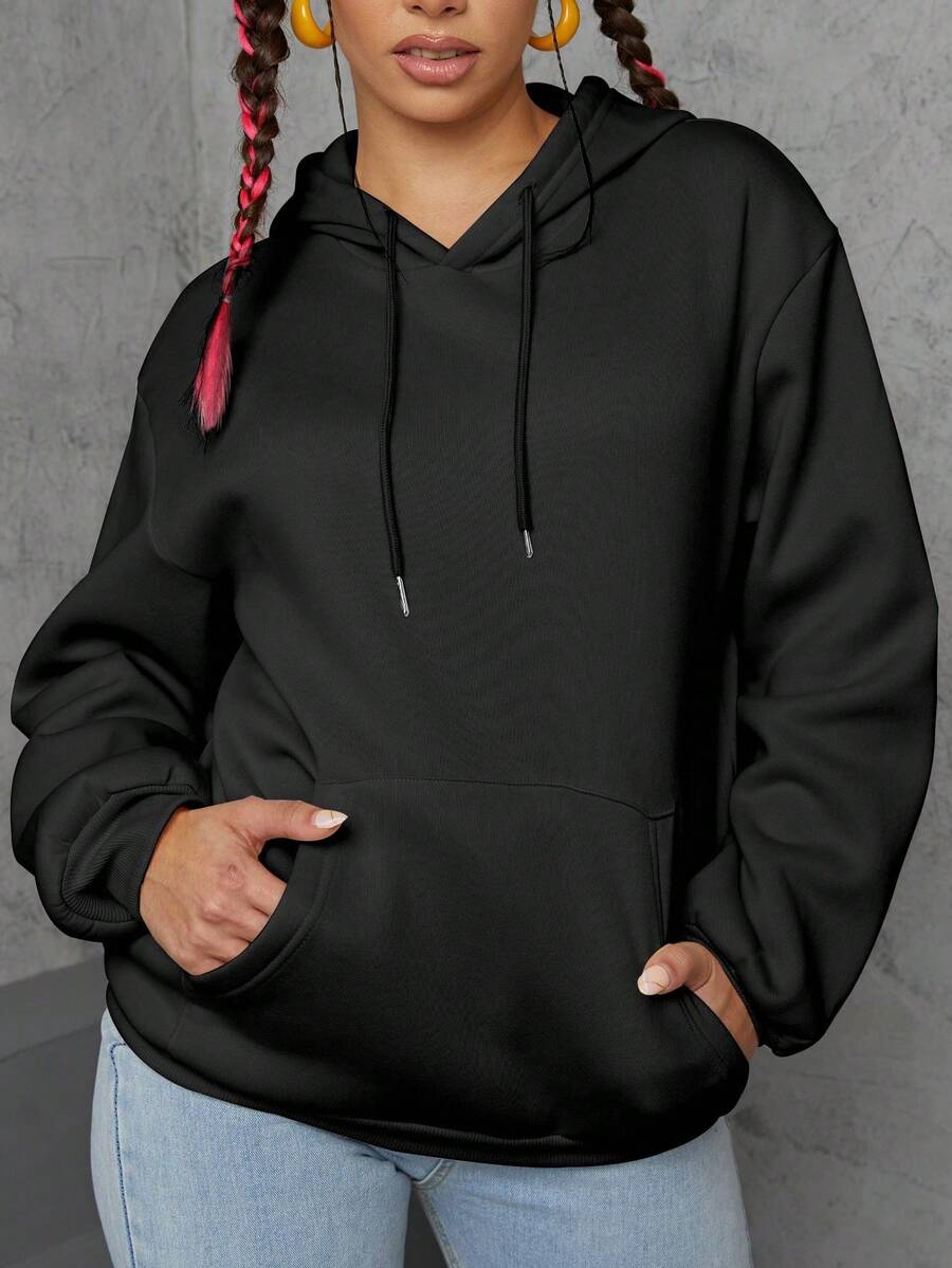 Women's Solid Color Fleece Hooded Sweatshirt With Adjustable Drawstring, Long Sleeve With Pockets, Warm Hooded Long Sleeve Top, Suitable For Autumn And Winter Wear - Black - View 1