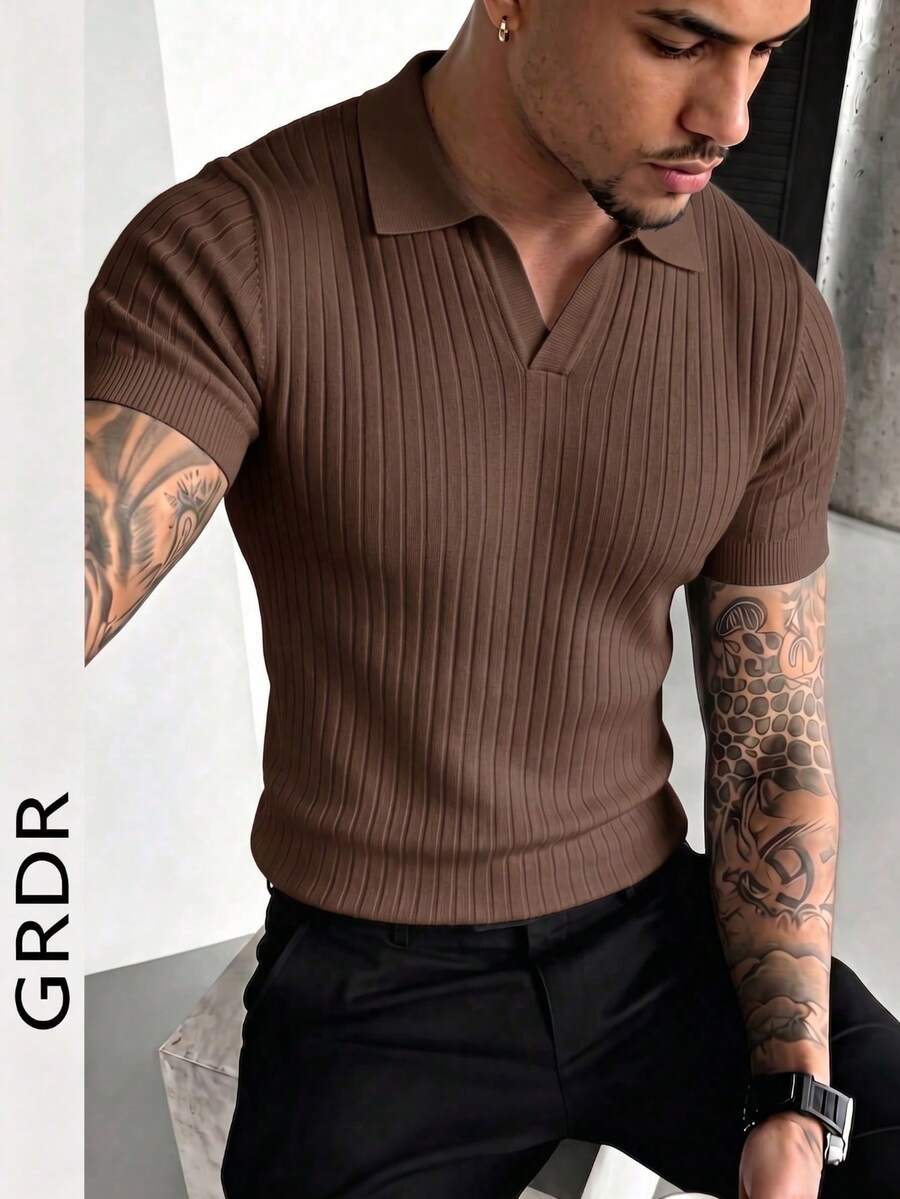 GRDR Men's Summer Knit Polo Shirt, Solid Color Short Sleeve Knitted Collar, Suitable For Summer Outings, Essential For Fashionable Outfit