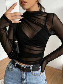 Stretchy Sheer Mesh - Women's Black Long Sleeve Mock Neck Ruched Dress Tops For Business Casual Work - Black - View 10