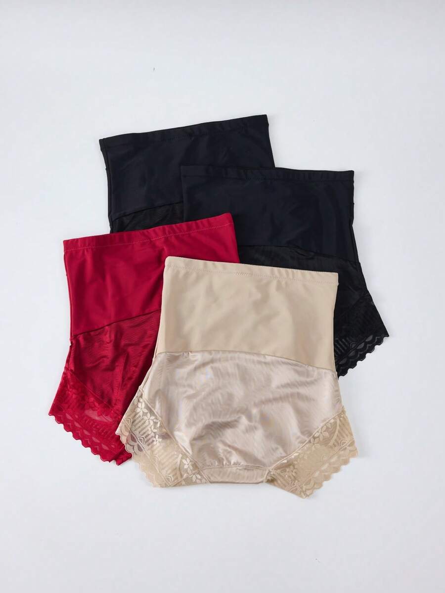 XGDFAY 4pcs Women's High Waist Tummy Control Shaping Panties, Multi-Color Lace Patchwork Design, Comfortable Triangle Briefs, Everyday Slimming Underwear For Women - Multicolor - View 1