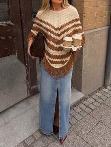 New Bohemian Vintage Loose Fit Sleeveless Horizontal Striped Hem Tassel Design Hollow Texture Breathable Summer Vacation Sweater - Khaki - View 6