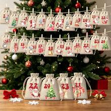 CARRIECUR 24Pcs Christmas Advent Calendar Bags, Simple Color Block Xmas Elements Linen Drawstring Gift Pouches With Number Print, Wooden Clothespins & Jute Twine, DIY Xmas Countdown Candy Treat Gift Sacks - View 7