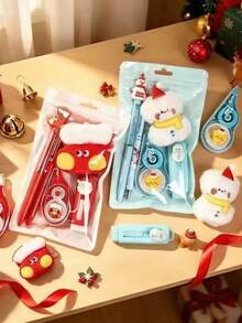 1 Set Christmas Themed Stationery Gift Set, Gel Pen Eraser Correction Tape Charm Pendant, School Office Reward Prizes For Children, Stocking Stuffer - Multicolor - View 3