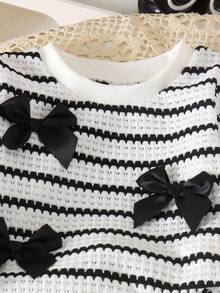 2pcs Baby Girl Sweet Cool Style Contrast Color Horizontal Stripe Bowknot Decor Round Neck Long Sleeve Sweatshirt Top & Casual Leggings Set, Spring/Autumn - Black and White - View 4