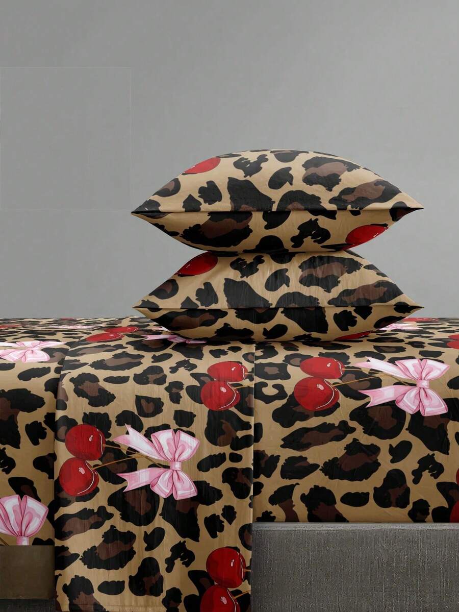 4-Piece Brown Leopard Print Cherry Bedding Set, Includes 1 Fitted Sheet, 1 Flat Sheet, 2 Pillowcases (Pillow Inserts Not Included). Suitable For King, Queen, Full, Twin Sizes, Mattress Depth Up To 11.8 Inches. Soft, Breathable And Wrinkle-Resistant - Brown - View 1