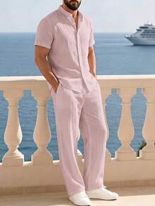 Conjunto de camisa casual de verano y pantalones largos para hombre JINYA, estilo de vacaciones mediterráneas, aspecto minimalista maduro y juvenil, ajuste regular, versátil para el hogar, la oficina, exteriores, la ciudad, el campus, retro, con textura, elegante, deportivo - Rosa - Ver 1