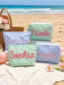 Personalized 3D Embroidered Makeup Bag, Customized Name Cosmetic Storage Pouch, Bridesmaid Gift, Wedding Party Travel Toiletry Organizer, Suitable For Women And Girls - Multicolor - View 7