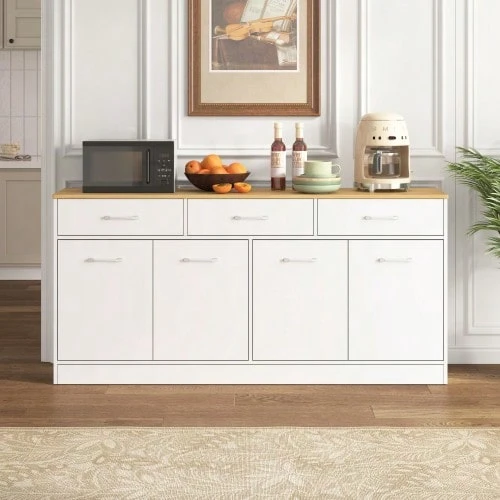 Kitchen Sideboard With 3 Drawers And Adjustable Shelves, 160 Cm Kitchen Island With Wood-Look Countertop, White, 76.5x160x37 Cm - White + Natural - View 1