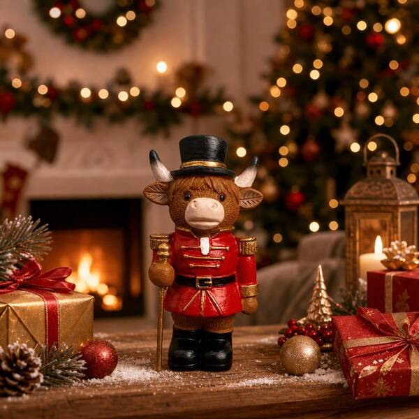 1pc Highland Cow Nutcracker Figurine - Resin Scottish Cow Statue With Nutcracker, Suitable For Christmas, Farmhouse Tabletop Decor, Mantelpiece And Tiered Tray Display, Holiday Gift For Cow Lovers, New Year Decoration, Collectible Mini Statue For Halloween, Thanksgiving, Christmas Decor