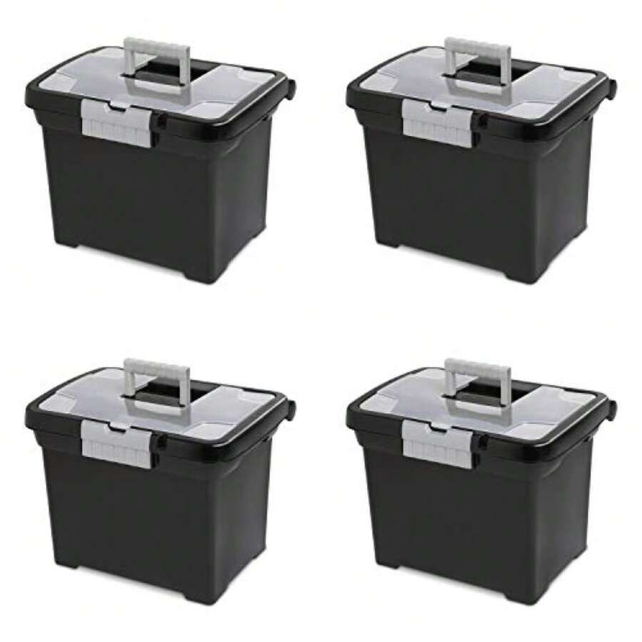 Caja de archivos portátil, contenedor de almacenamiento de archivos de cartas con asa, paquete de 4 - Negro - Ver 1
