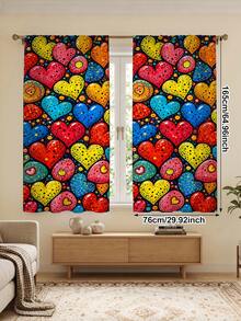 2Pcs Colorful Contrast Polka Dot Heart Print Curtains, Vibrant Artistic Heart Pattern, Living Room Bedroom Home Decor Hanging Curtains - Multicolor - View 13