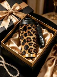 1 pieza/5 piezas Taza de café de viaje con estampado de leopardo de 500ml, vaso térmico de acero inoxidable de 500ml con cordón COFFEE, taza térmica portátil reutilizable a prueba de fugas, taza de bebida de moda para uso diario, actividades al aire libre y regalo de vacaciones - Multicolor-Estampado de leopardo - Ver 3