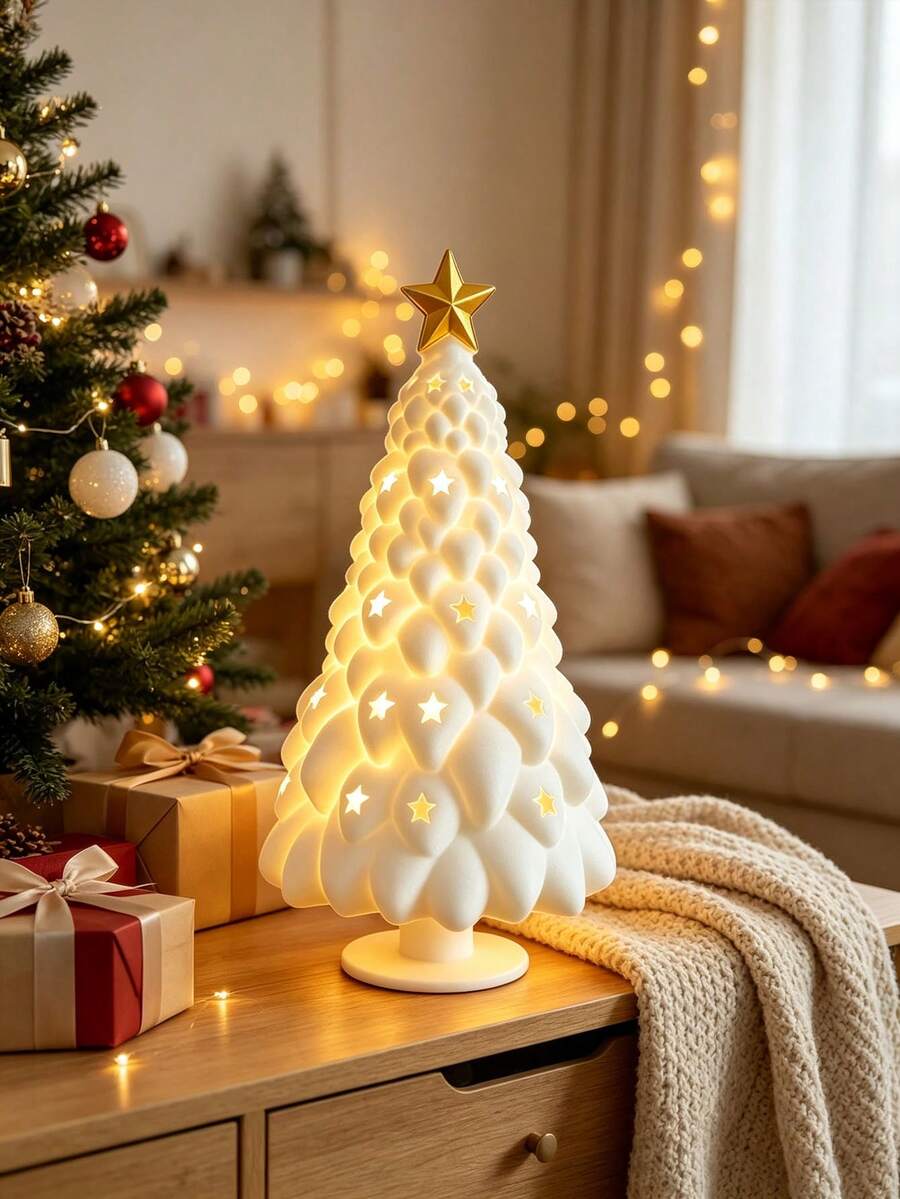 Christmas Tree-Shaped Lampshade, Nightlight Cover, Holiday Decoration, Star-Cutout Ambient Light Shade; Minimalist 3D-Printed Christmas Tree Lampshade-A Creative Tabletop Ornament For The Bedroom. - Multicolor - View 1