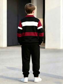 Boys' Spring/Autumn 2 Pieces Set, Colorblock Wide Striped Polo Collar Sweatshirt And Jogger Sweatpants, Kids' Sports Outfit - Burgundy - View 4