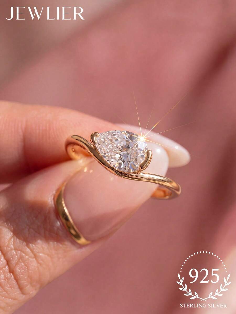 1pc 925 Sterling Silver Teardrop Wave Rhinestone Ring, Exquisite Unique Jewelry Gift Suitable For Attending Balls, Gatherings, Parties