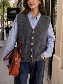Women's Autumn Casual Minimalist V-Neck Knit Cardigan Vest, Wool Blend Fall - Dark Grey - View 3