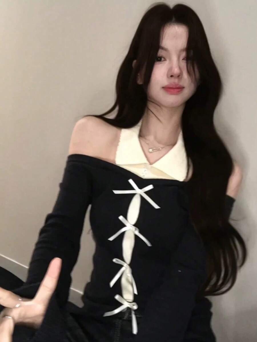 性感辣妹不對稱領口秋季 2 合 1 修身收腰針織上衣 - 黑色 - 查看 1