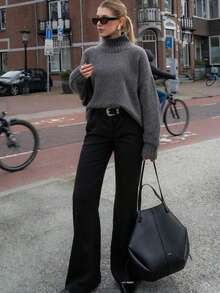 Oversized High Neck Loose Knit Sweater For Women, European And American Stylish Dark Grey, Suitable For Winter Fall - Dark Grey - View 2
