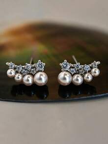 1 Pair Elegant Gentle Pearl Stud Earrings, Minimalist Versatile For Women - Silver - View 2