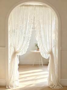 1pc White Small Floral Lace Ruffle Sheer Curtain Valance, Short Curtain, Coffee Curtain, Vintage Pastoral Romantic Style, Semi-Transparent, Polyester Fiber Material, Suitable For Bedroom, Room, Living Room, Kitchen, Office, Cafe And Home Decor (Tie-Backs Not Included) - Multicolor - View 1