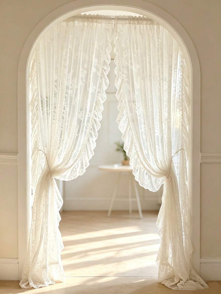 1pc White Small Floral Lace Ruffle Sheer Curtain Valance, Short Curtain, Coffee Curtain, Vintage Pastoral Romantic Style, Semi-Transparent, Polyester Fiber Material, Suitable For Bedroom, Room, Living Room, Kitchen, Office, Cafe And Home Decor (Tie-Backs Not Included) - Multicolor - View 1