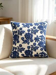 1pc Embroidered Floral Pattern Decorative Pillow Cover, Multi-Size & Multi-Applicable, Without Pillow Insert - Navy Blue - View 6