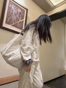Korean Style Slouchy Striped Canvas Tote Bag Large Capacity Minimalist Versatile Shoulder Bag Niche Universal Shopping Bag - White - View 4