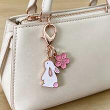 1/2pcs Japanese Style Fresh Cute Rabbit Sakura Keychain - Rose Gold Enamel Rabbit & Sakura Pendant, Mini Charm Suitable For Bags/Backpacks/Keys, Girly Cute Accessory - Multicolor - View 5