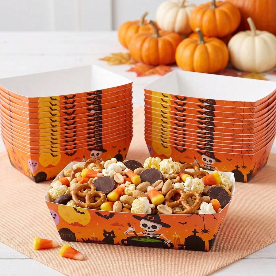 12/24pcs Halloween Disposable Paper Trays, Skull Pattern Serving Plates, Dessert Boxes, Snack Boxes, Halloween Party Tableware, Suitable For Snacks, Popcorn, Desserts, Gatherings, Halloween Use - Easy Fold And Assemble - Multicolor - View 1