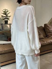 Fall Slouchy Round Neck Long Sleeve Pullover Knit Sweater Loose Fit Casual Solid Color Thin - White - View 3