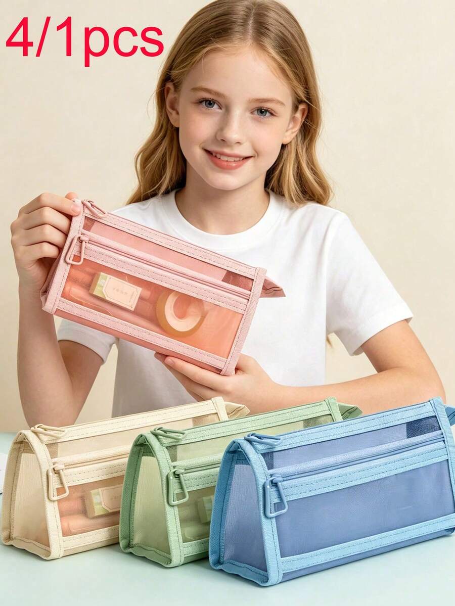 4/1pc Set Morandi Plaid Mesh Pencil Case With Handle And Zipper, Transparent Double Layer Pencil Bag, Travel Makeup Bag, Cute Transparent Stationery Storage Bag, Suitable For Adults, Office, University - Multicolor - View 1