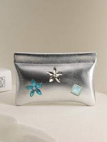 Silver Handheld Wallet With Snap Closure, Star & Heart Charm, Compact Digital Accessory Storage Bag, Silver Small Pouch, Women's Makeup Bag, Snap Pouch, Portable Data Cable Storage Bag, Cosmetic Storage Bag, Card Holder, Mini Toiletries Storage Bag, Travel Portable Fashion Glasses Storage Bag, Auto-Closing Design, Convenient For Daily Use, Perfect As Halloween, Thanksgiving Gift For Friends, Family, Best Friends - Multicolor - View 14