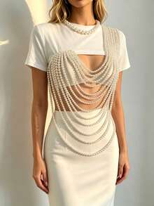 ZHENGHEN Luxury Pearl Body Chain Top, Asymmetric Shoulder Chest Jewelry For Evening Party Summer Vacation Outfit - White - View 1