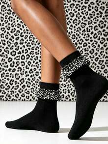 1/3 Pairs Autumn Fashion Leopard Print Ruched Lace Women's Mid-Calf Socks, Sweet & Cool Style Personalized Slouch Socks - Black and White - View 1