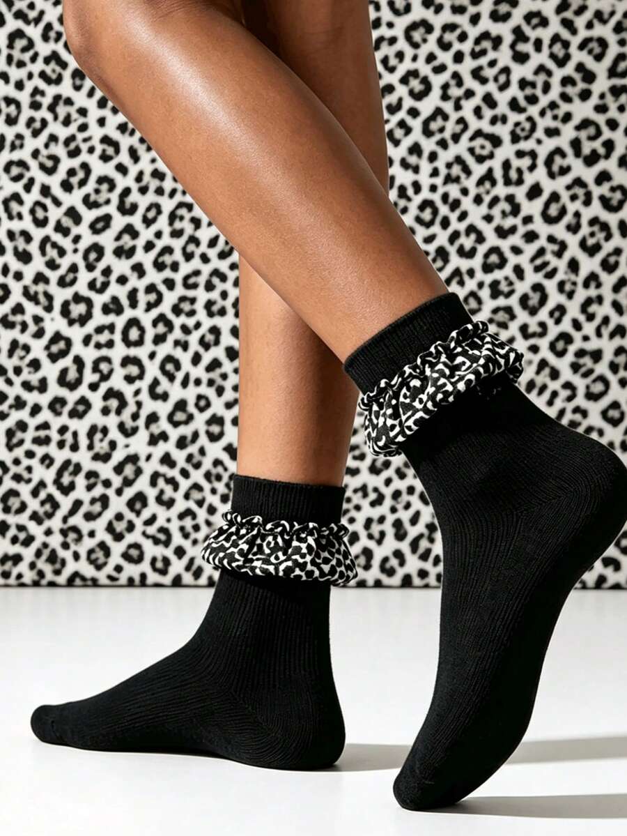 1/3 Pairs Autumn Fashion Leopard Print Ruched Lace Women's Mid-Calf Socks, Sweet & Cool Style Personalized Slouch Socks - Black and White - View 1