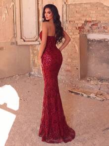 Elegant Strapless Mermaid Evening Gown - Exquisite Beaded & Sequined Formal Dress Party Wedding Fall - Burgundy - View 3