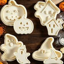 4pcs Pumpkin Haunted House Ghost Magic Hat (Beige Cookie Stamp) Halloween Spring Press Cookie Mold Set, Shaped Cookie Cutter For Home DIY Fondant Cookie Press, Holiday Baking Tool, Handmade Cartoon 3D Cookie Stamp Cake Decoration Small Tool - View 7
