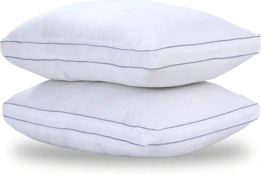 H&R 2pcs Ultra Soft Box Stitching Bed Pillows - High Bounce Gusseted Sleeping Pillow Set With Grey Contrast Piping, Breathable Side Sleeper Pillow For Bedroom - White - View 1