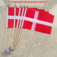 Satu Set Bendera Genggam Denmark, Lengkap dengan 5 buah Tiang Kayu dan 2 buah Penjepit Plastik PVC Transparan dengan Lubang Silang, Ukuran 14*21cm, Terbuat dari Poliester, Sempurna untuk Kantor, Rumah, Mobil, Dekorasi Dinding, Pesta dan Perayaan Festival - A - View 2