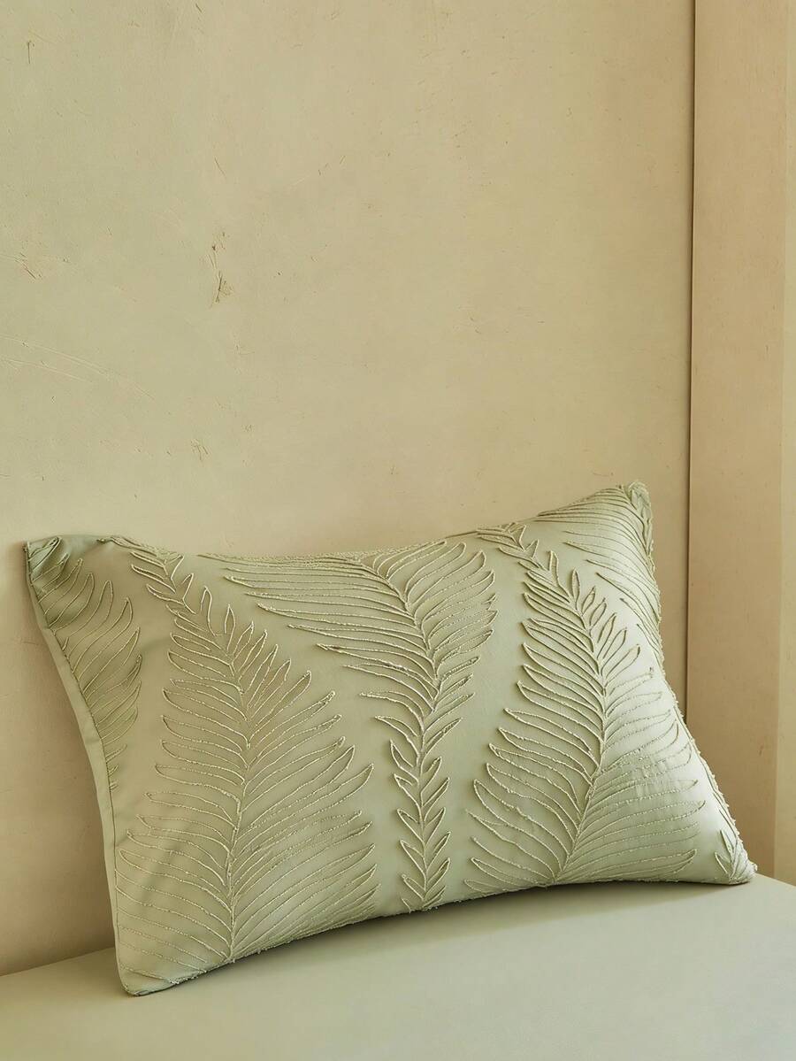 1pc Bohemian Style Green Leaf Cut-Out Tufted Polyester Pillowcase, Minimalist Farmhouse Solid Color Decorative Throw Pillow Cover, Suitable For All Seasons, Soft & Breathable, Home Decor, Machine Washable, No Filling Included - Green - View 1