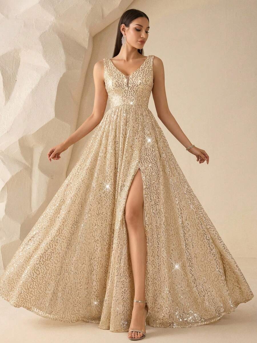 秋季女款金色優雅亮片無袖V領高衩大腿正式晚禮服,適合婚禮賓客、晚宴、畢業典禮、假日 - 香檳色 - 查看 1
