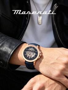 Maserati Men Automatic Watch Rose Gold Case Navy Blue Crocodile Texture Leather Band Hollow Skeleton Dial Luxury Business Wristwatch R8821119005 - WATCH - View 1