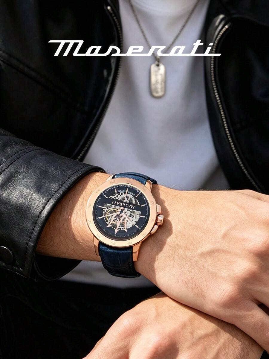 Maserati Men Automatic Watch Rose Gold Case Navy Blue Crocodile Texture Leather Band Hollow Skeleton Dial Luxury Business Wristwatch R8821119005 - WATCH - View 1