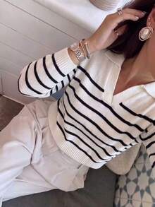 Women's New Classic Retro Style Black And White Striped Collar Long Sleeve Knit Sweater Fall - Black and White - View 2