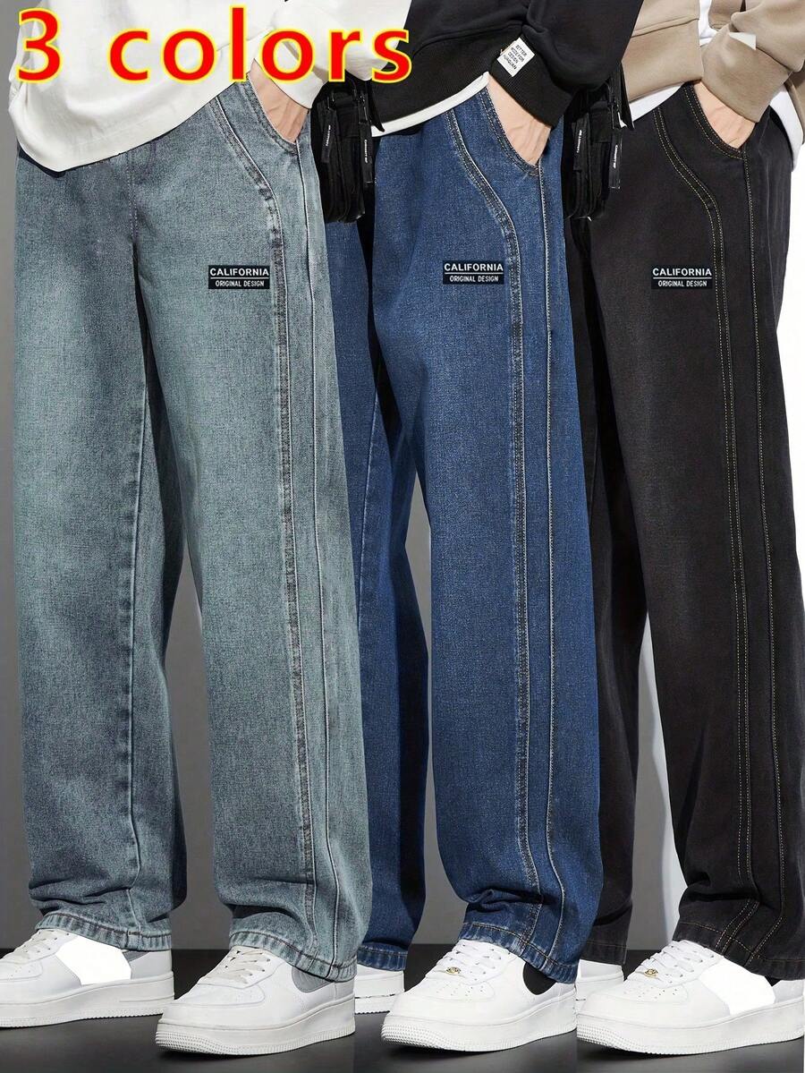 3pcs Boys' Casual Street Vintage Style Distressed Jeans With Side Panel Patchwork Design, Elastic Waistband Pockets, Spring/Summer/Autumn - Multicolor - View 1