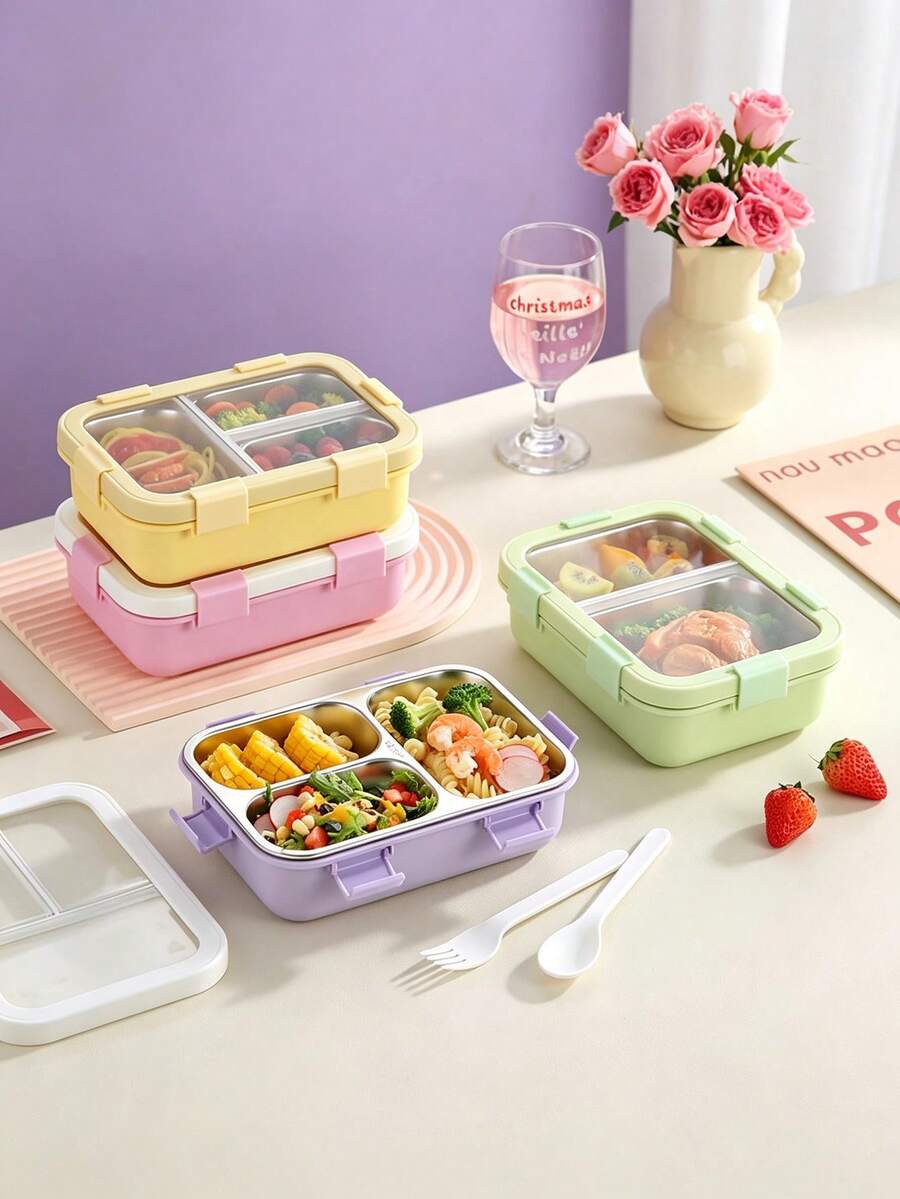 850ml Multi-Compartment Lunch Box, 304 Stainless Steel And PP Material Divided Meal Container, Includes Fork And Spoon Set, Leak-Proof Design, Suitable For School, Office And Travel, And Reusable - Multicolor - View 1